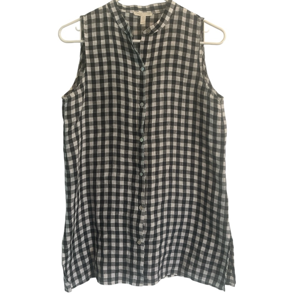 Eileen Fisher Black and White Sleeveless Button Down Blouse 100% Organic Linen
